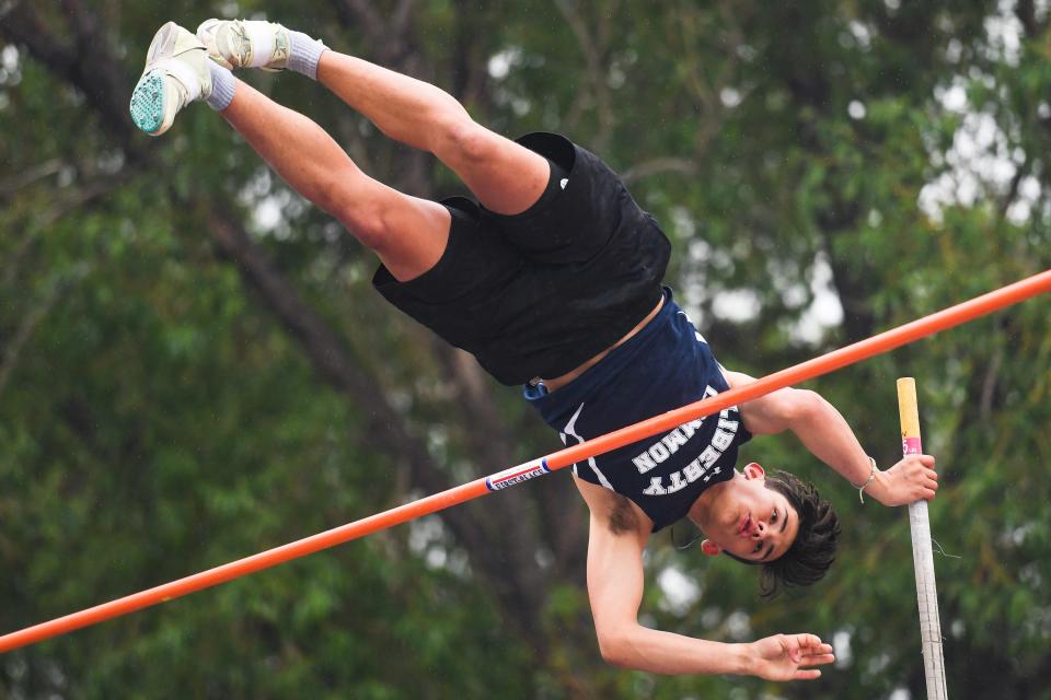 Liberty Common's Justin Bate competes in the Class 3A boys pole vault at the Colorado high school track and field state meet at Jeffco Stadium on Friday, May 19, 2023, in Lakewood, Colo.