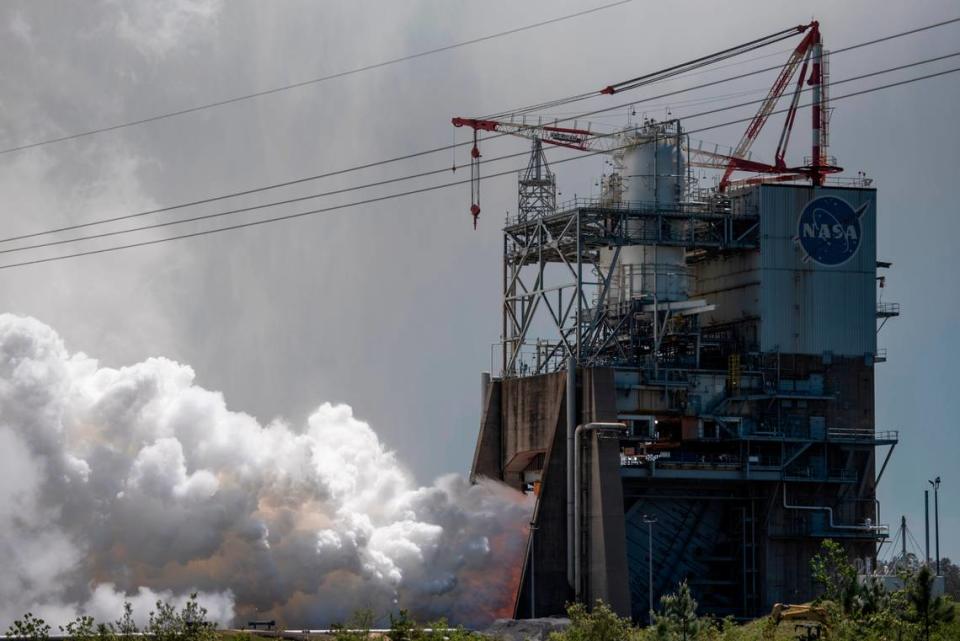 Steam erupts from the base of the A-1 Test Stand, also called the Fred Haise Test Stand, at Stennis Space Center in Bay St. Louis on Wednesday, April 3, 2024, as NASA tests one of the RS-25 engines destined for the Artemis missions. Hannah Ruhoff/Sun Herald