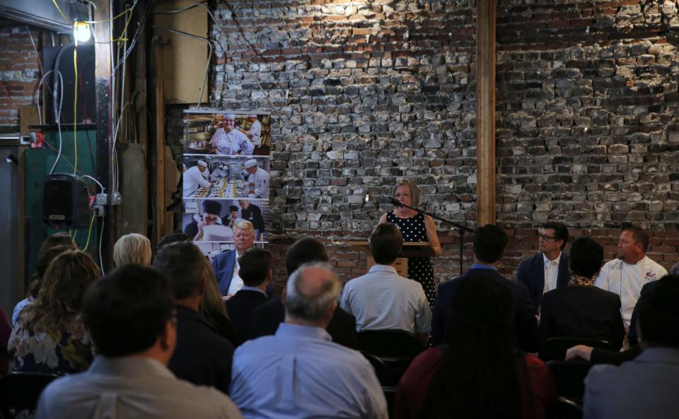 Savannah Technical College president Kathy Love addresses attendees of their meeting about the future West Bay Street location in downtown Savannah on Thursday, June 2, 2022.