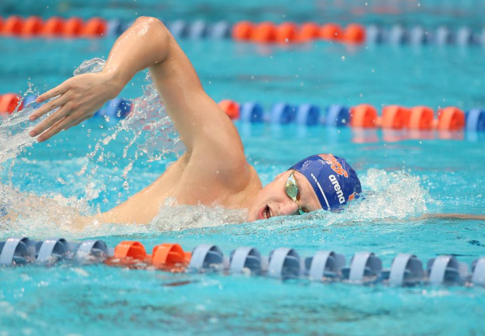 University of Florida freshman Jonny Marshall swims during a Gators practice on Monday, March 4, 2024 in Gainesville, Fla.