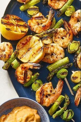 Charred Shrimp, Leek, and Asparagus Skewers