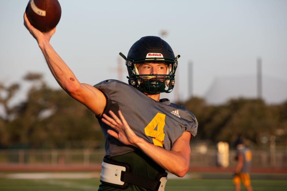 Rockport-Fulton quarterback Sean Howell passes during practice on Aug. 14, 2023, at Pirate Stadium in Texas.