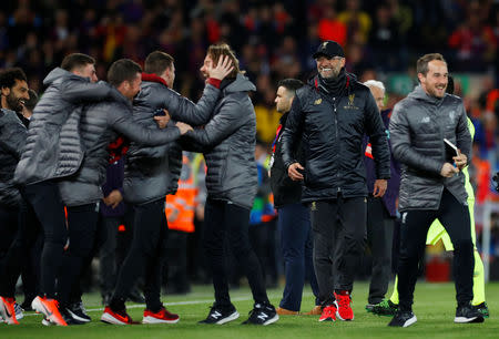 Soccer Football - Champions League Semi Final Second Leg - Liverpool v FC Barcelona - Anfield, Liverpool, Britain - May 7, 2019 Liverpool manager Juergen Klopp celebrates after the match REUTERS/Phil Noble