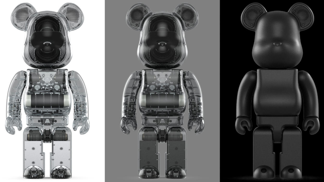  Bearbrick Bluetooth speaker in three colorways, side by side, in Clear, Smoke, and Black 