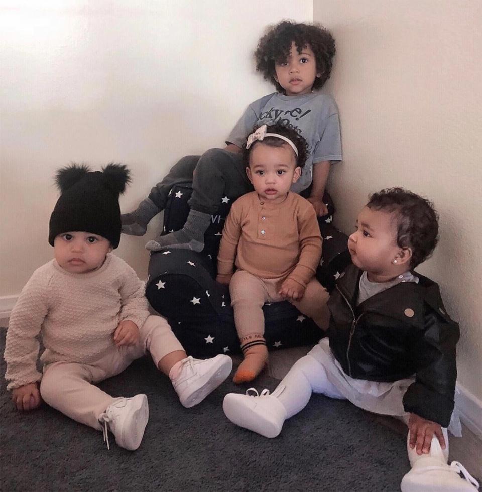 The girls hung out out with their older cousin, Saint West, in Feb. 2019. 