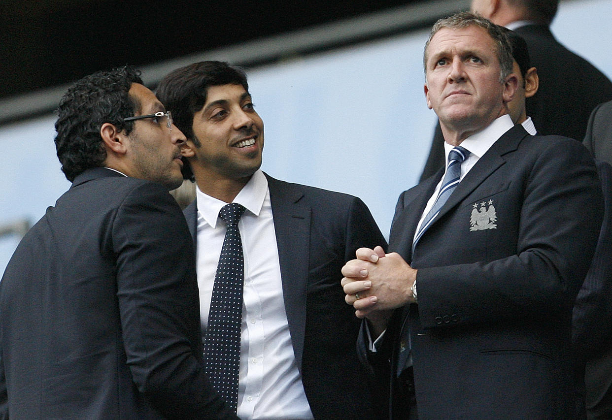 Football - Manchester City v Liverpool Barclays Premier League - The City of Manchester Stadium - 10/11 - 23/8/10  Manchester City Chairman Khaldoon Al Mubarak, Owner Sheikh Mansour (C) and Chief Executive Garry Cook (R) before the match  Mandatory Credit: Action Images / Paul Thomas  Livepic  NO ONLINE/INTERNET USE WITHOUT A LICENCE FROM THE FOOTBALL DATA CO LTD. FOR LICENCE ENQUIRIES PLEASE TELEPHONE +44 (0) 207 864 9000.