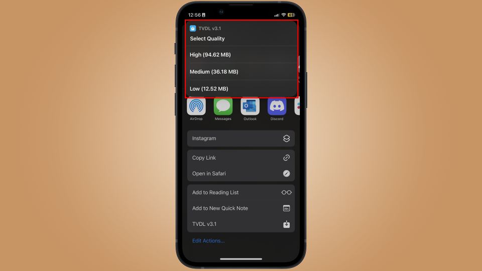 iPhone showing pop-down menu from TVDL shortcut for video quality