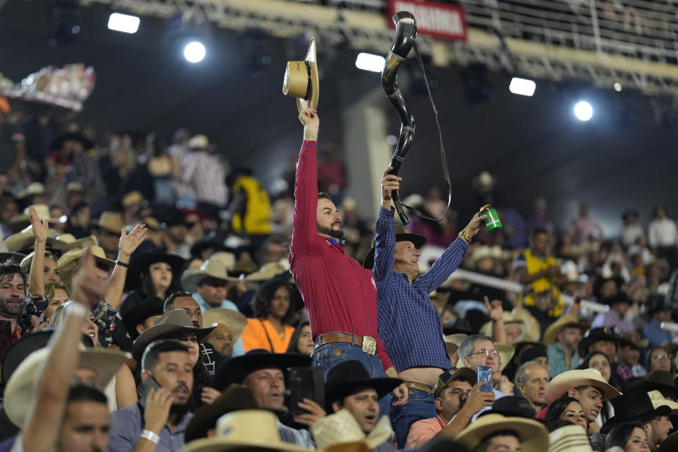 Fans cheer during horse riding competition at the Barretos Rodeo International Festival in Barretos, Sao Paulo state Brazil, Friday, Aug. 26, 2022. (AP Photo/Andre Penner)