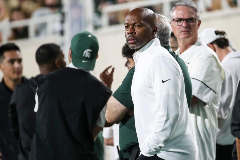 Michigan State athletic director Alan Haller looks on from the sideline during the second half of the football opener against Central Michigan at Spartan Stadium in East Lansing on Friday, Sept. 1, 2023.