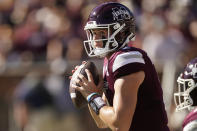 Mississippi State quarterback Will Rogers sets up to pass against Texas A&M during the first half of an NCAA college football game in Starkville, Miss., Saturday, Oct. 1, 2022. (AP Photo/Rogelio V. Solis)