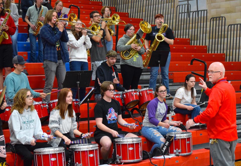 Brian W. Dodd directs the West Holmes Pep Band during the Community All-Star basketball game against the Holmes County Bucks recently in the Dungeon at West Holmes High School.