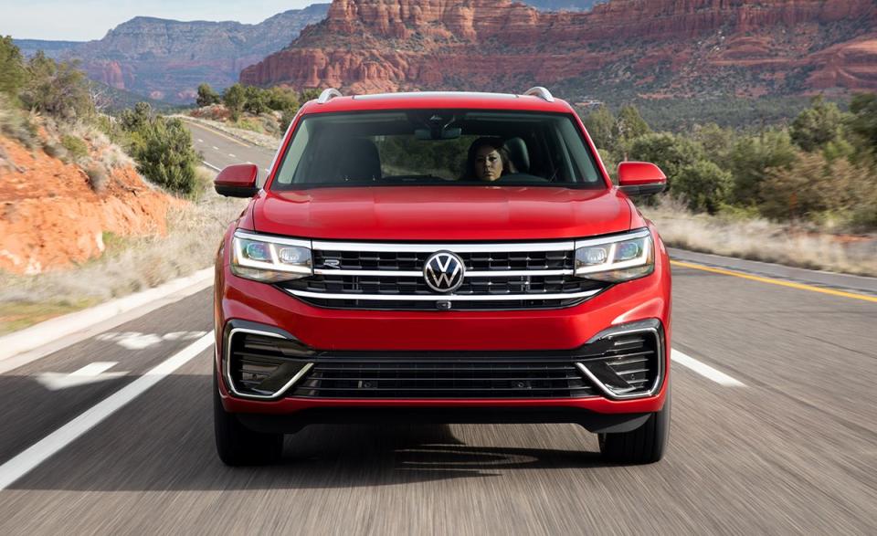 <p>The Volkswagen Atlas was refreshed for 2021 with a friendlier-looking front end. Two engines are available: a standard 235-hp inline-four with front-wheel drive or a 276-hp V-6. Both engines are paired with an eight-speed automatic transmission and are available with all-wheel drive. The V-6-powered Atlas SE with the Technology package, the SEL, and SEL Premium models offer max towing of 5000 pounds. This VW has a rather dull interior design compared to the <a href="https://www.caranddriver.com/kia/telluride" rel="nofollow noopener" target="_blank" data-ylk="slk:Kia Telluride;elm:context_link;itc:0;sec:content-canvas" class="link ">Kia Telluride</a> or Mazda CX-9. Base models come with a 6.5-inch touchscreen with Apple CarPlay and Android Auto, but we think upgrading to the 8.0-inch touchscreen with two more speakers and extra USB ports is more than worth it. Even the base Atlas is thirsty. The most fuel-efficient version is the front-drive four-cylinder, which returned just 24 mpg on the highway during our fuel-economy test.</p><ul><li>Base price: $32,565</li><li><em>C/D </em>rating: 7/10</li></ul><p><a class="link " href="https://www.caranddriver.com/volkswagen/atlas" rel="nofollow noopener" target="_blank" data-ylk="slk:MORE ABOUT THE ATLAS;elm:context_link;itc:0;sec:content-canvas">MORE ABOUT THE ATLAS</a></p>