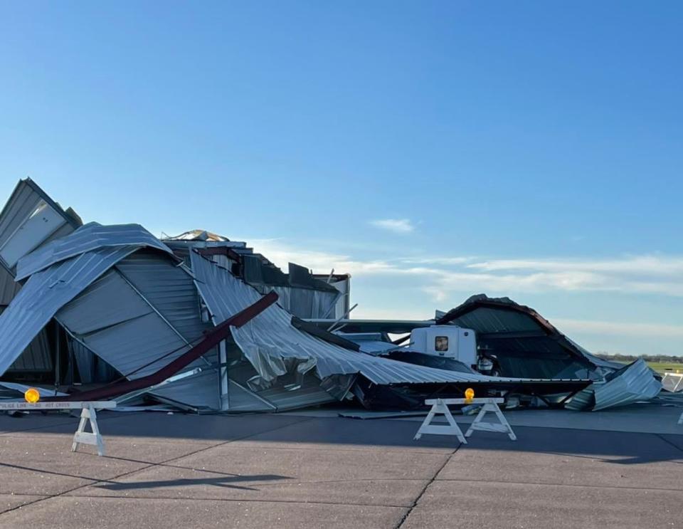 This hangar at the Watertown Regional Airport was badly damaged by Thursday's storms.