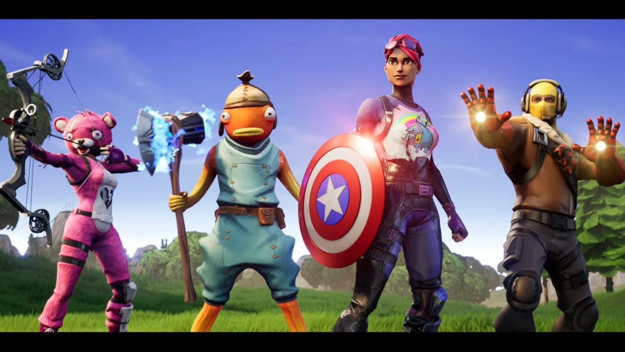  Disney - Epic announcement video still - four Fortnite characters holding Marvel superhero weapons. 