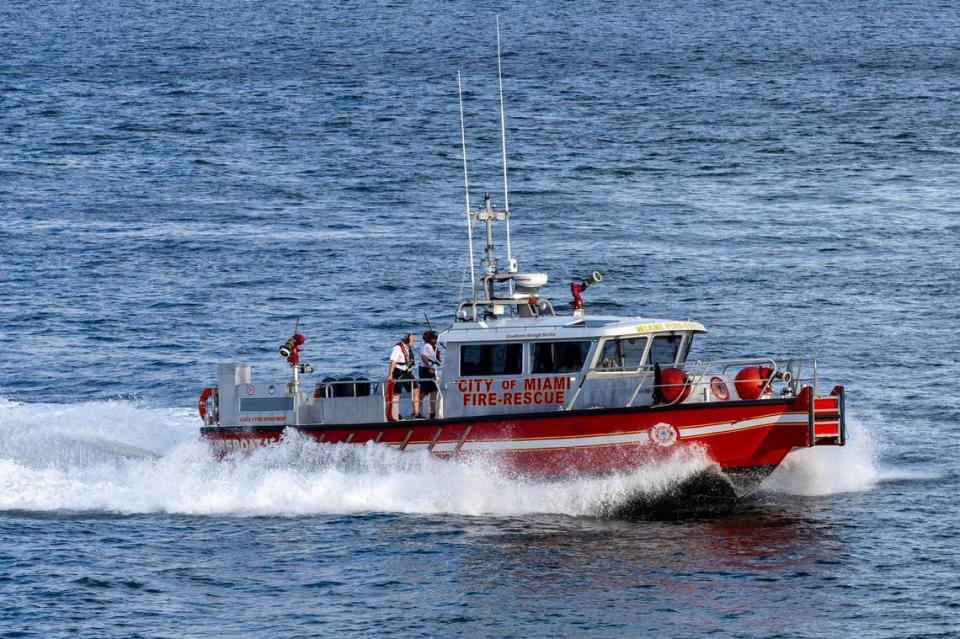 A City of Miami Fire-Rescue vessel streaks across the water during a South Florida Public Safety Regional Assets in Action Demonstration showcasing an active threat response incident in Biscayne Bay as part of the annual 2024 National Homeland Security Conference at PortMiami, Terminal J on Wednesday, July 24, 2024, in Miami, Fla.