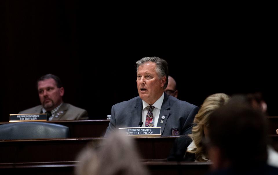 Rep. Scott Cepicky R-Culleoka, speaks during a House committee as he present an amendment to the school voucher bill on March 6.