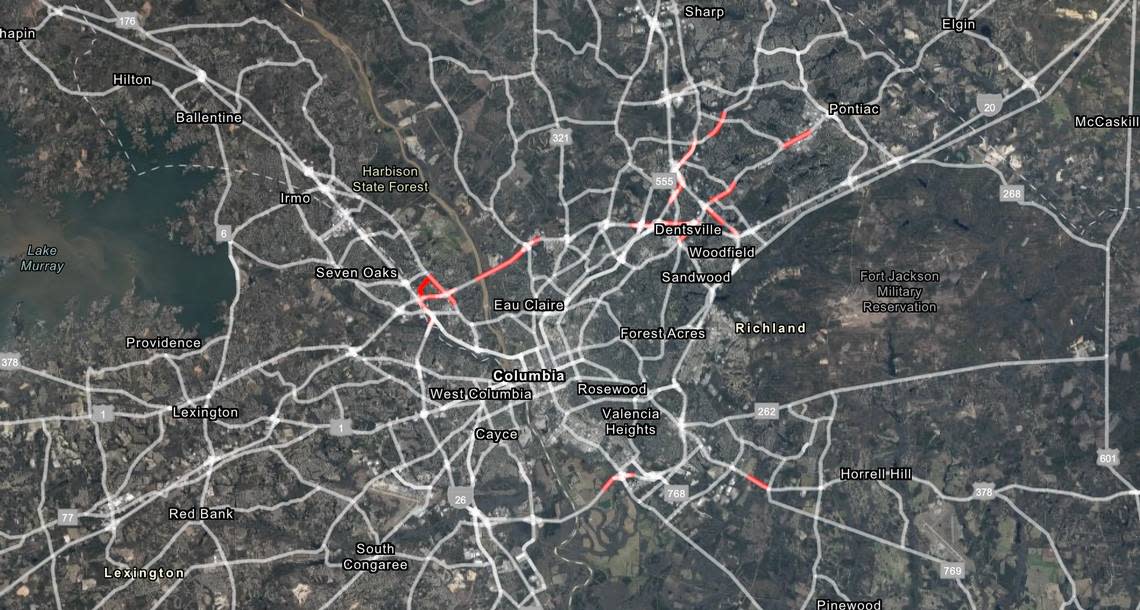 A map of the Columbia metro area. The parts in red are sections of roads that have the highest rates of collisions in the area, according to the South Carolina Department of Public Safety. screenshot/Courtesy of the South Carolina Department of Public Safety