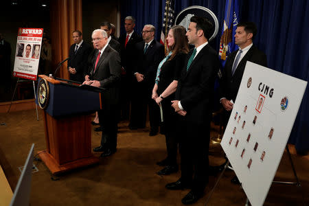 U.S. Attorney General Jeff Sessions speaks at a news conference with other law enforcement officials to announce enforcement efforts against Cartel Jalisco Nueva Generacion (CJNG) at the Justice Department in Washington, U.S., October 16, 2018. REUTERS/Yuri Gripas