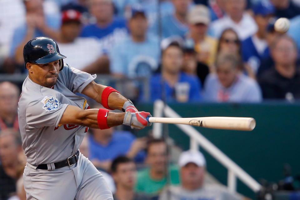 KANSAS CITY, MO - JULY 10: National League All-Star Rafael Furcal #15 of the St. Louis Cardinals hits a triple in the fourth inning during the 83rd MLB All-Star Game at Kauffman Stadium on July 10, 2012 in Kansas City, Missouri. (Photo by Jamie Squire/Getty Images)