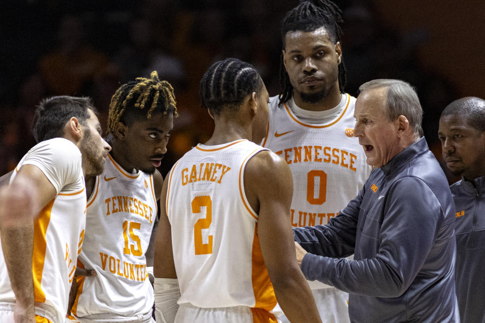 Tennessee head coach Rick Barnes talks to his players during the second half of an NCAA college basketball game against Alabama Saturday, Jan. 20, 2024, in Knoxville, Tenn. (AP Photo/Wade Payne)