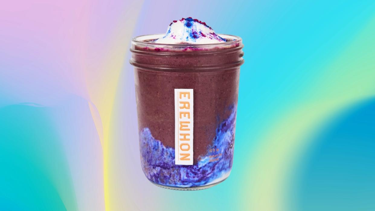  The Erewhon KORA Glow smoothie on a pastel purple, blue and green abstract template. 