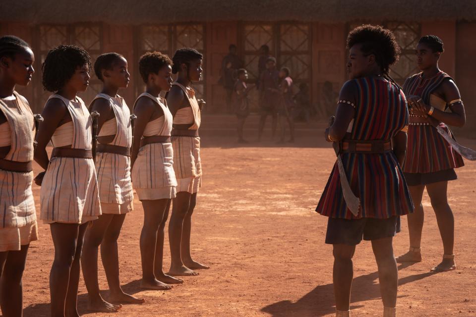 Viola Davis and Lashana Lynch train young recruits to become Agojie in "The Woman King."