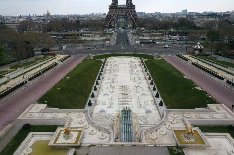 Aerial view of empty streets around monuments in Paris during coronavirus disease outbreak