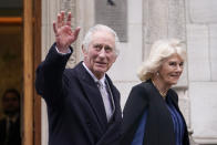 FLE - Britain's King Charles III and Queen Camilla leave The London Clinic in central London on Jan. 29, 2024. King Charles III was in hospital to receive treatment for an enlarged prostate. The king's cancer diagnosis heaps more pressure on the British monarchy, which is still evolving after the 70-year reign of the late Queen Elizabeth II. When he succeeded his mother 18 months ago, Charles' task was to demonstrate that the 1,000-year-old institution remains relevant in a modern nation whose citizens come from all corners of the globe. Now the king, who turned 75 in November, will have to lead that effort while undergoing treatment for cancer. (AP Photo/Alberto Pezzali, File)