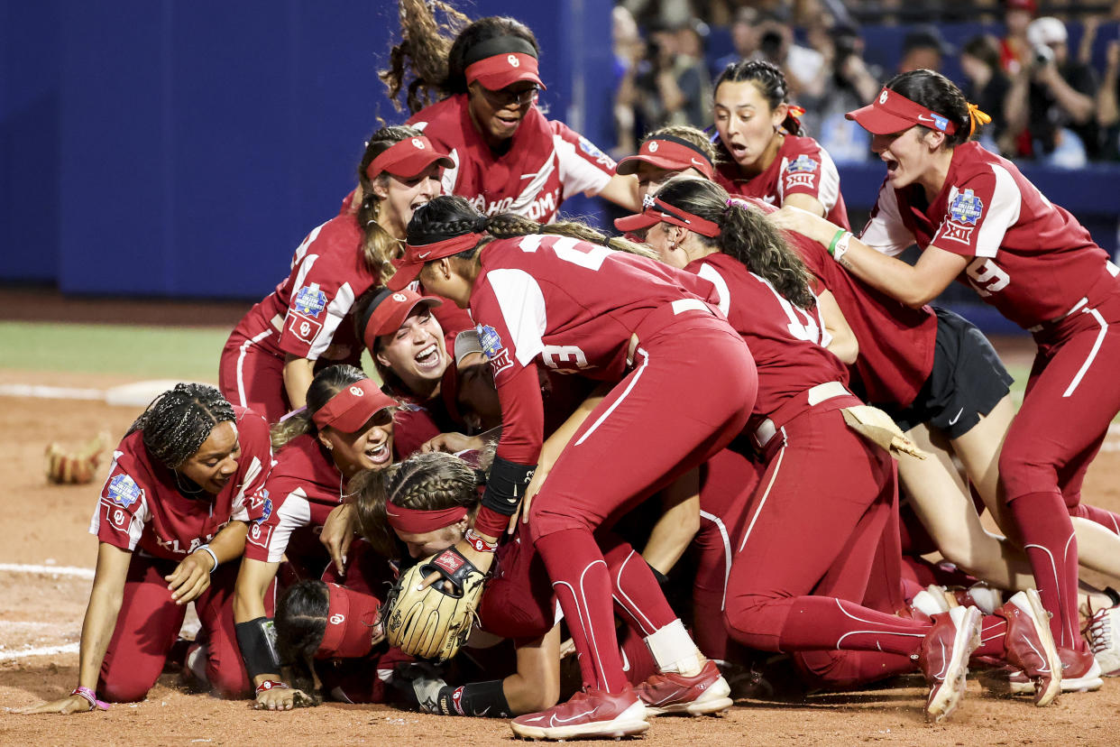 OKLAHOMA CITY, OK - JUNE 08: The Oklahoma Sooners celebrate after defeating the Florida State Seminoles in the Division I Women's Softball Championship held at USA Softball Hall of Fame Stadium on June 8, 2023 in Oklahoma City, Oklahoma. (Photo by Tyler Schank/NCAA Photos via Getty Images)