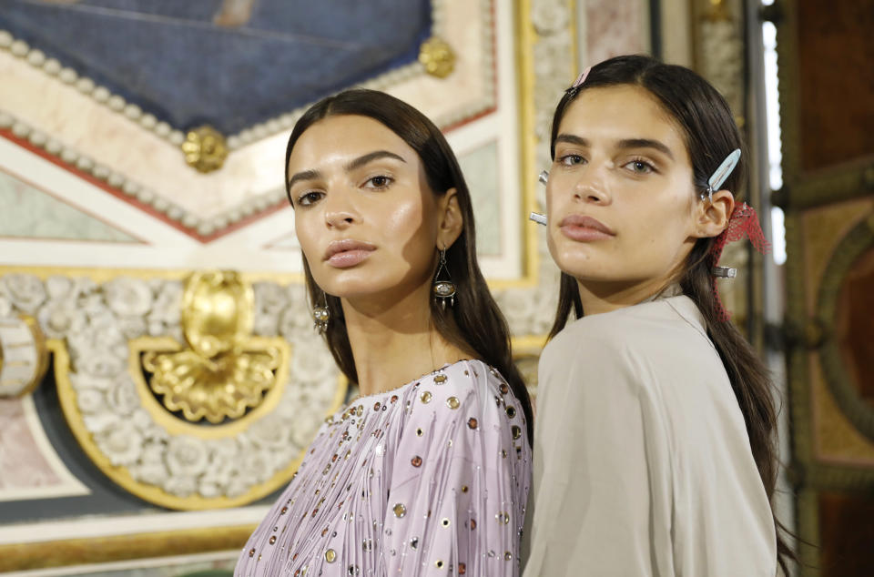 <p>What a combo -Emily Ratajkowski and Sara Sampaio pose together whilst having their hair and makeup done. <em>[Photo: Getty]</em> </p>