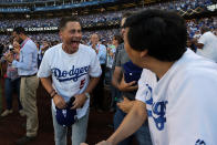 <p>Actors Rob Lowe and Ken Jeong joke around prior to Game 1 of the 2017 World Series between the Houston Astros and the Los Angeles Dodgers at Dodger Stadium on Tuesday, October 24, 2017 in Los Angeles, California. (Photo by Rob Tringali/MLB Photos via Getty Images) </p>