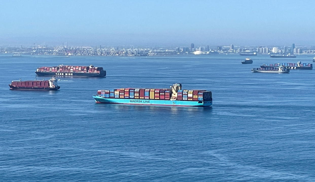 Container ships wait off the coast of the congested Ports of Los Angeles and Long Beach in Long Beach, California, U.S., October 1, 2021.      REUTERS/ Alan Devall