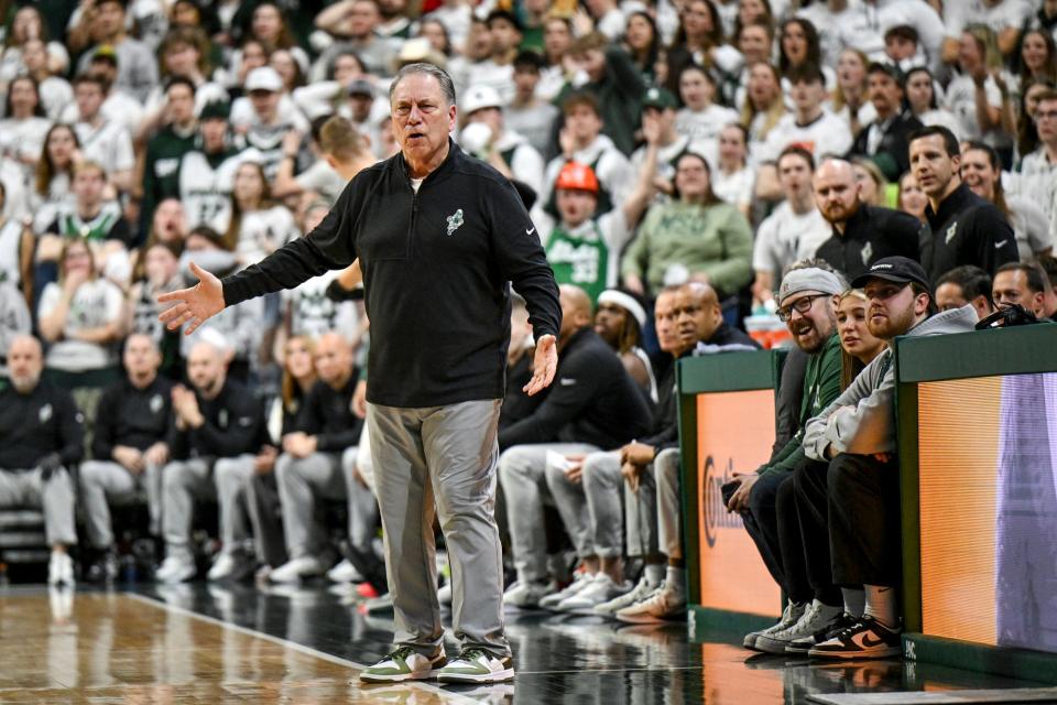 Michigan State's head coach Tom Izzo reacts to a foul during the first half in the game against Iowa on Tuesday, Feb. 20, 2024, at the Breslin Center in East Lansing.