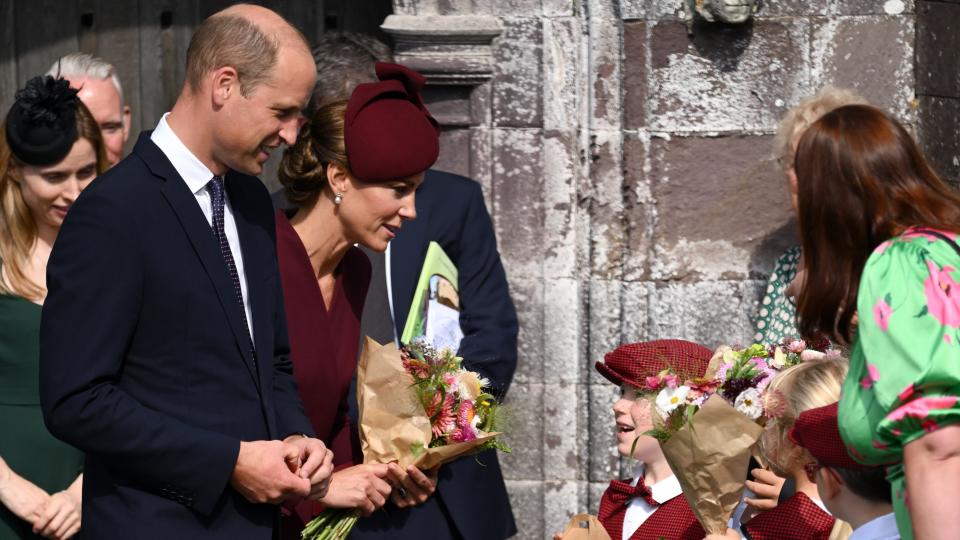 Catherine, Princess of Wales and Prince William, Prince of Wales depart after visiting St Davids Cathedral