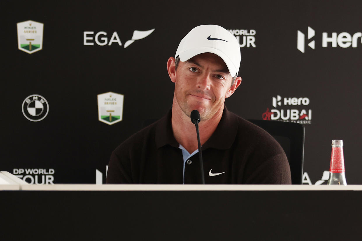 DUBAI, UNITED ARAB EMIRATES - JANUARY 25: Rory McIlroy of Northern Ireland looks on in a press conference prior to the Hero Dubai Desert Classic at Emirates Golf Club on January 25, 2023 in Dubai, United Arab Emirates. (Photo by Warren Little/Getty Images)