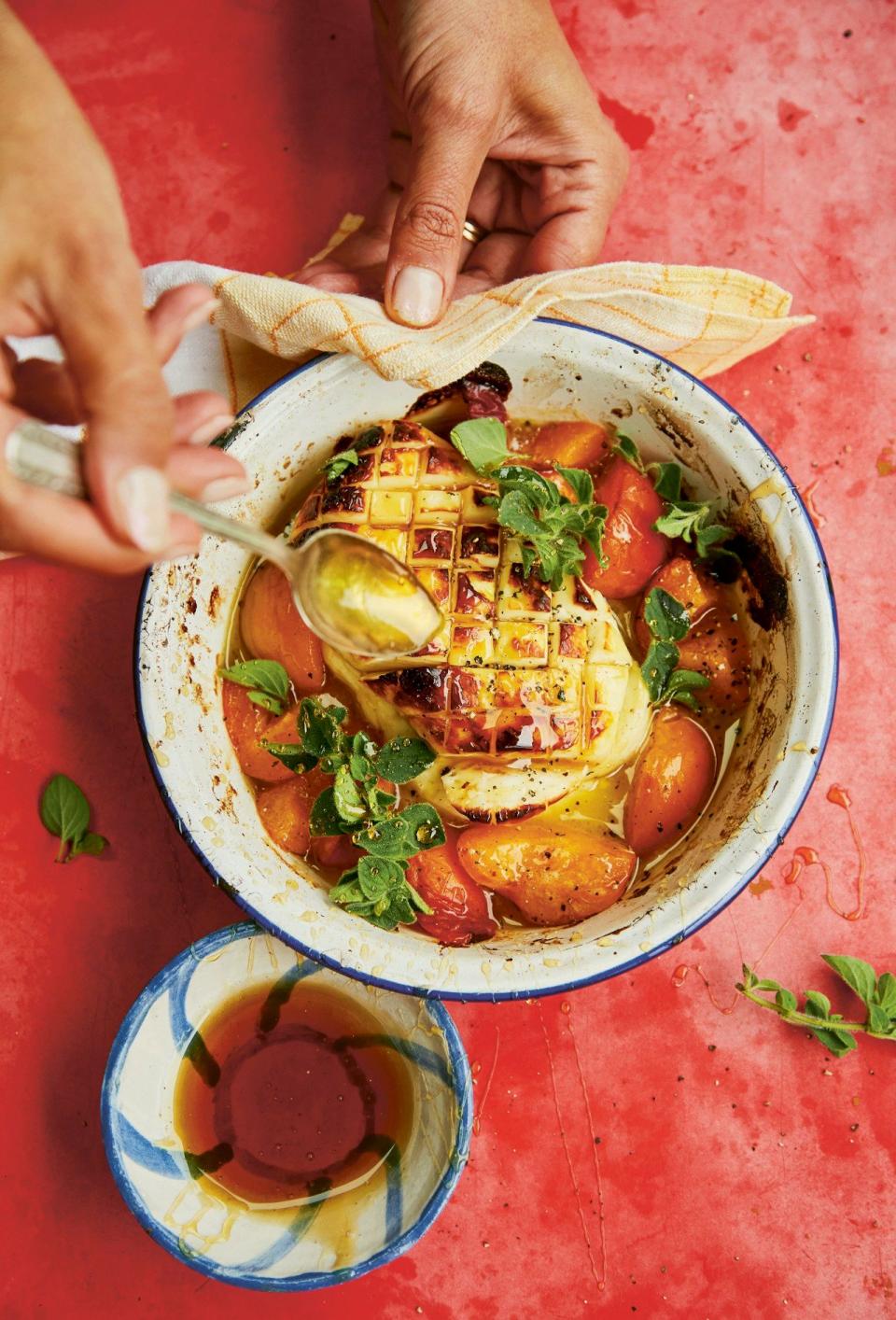 Whole grilled halloumi with apricots