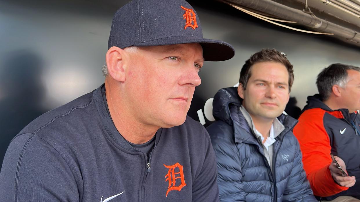 Detroit Tigers manager A.J. Hinch (left) and president of baseball operations Scott Harris (right) talk with reporters March 27, 2024, at Guaranteed Rate Field in Chicago.