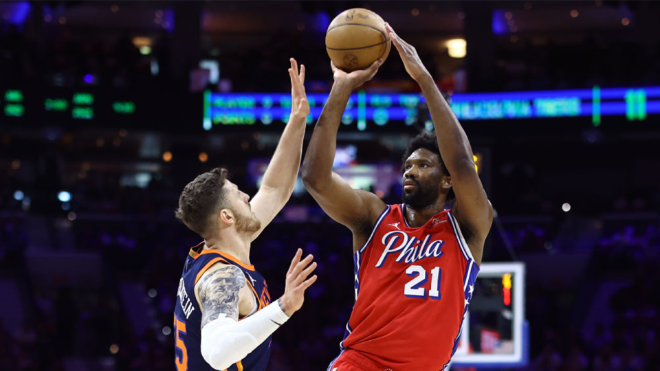 Joel Embiid #21 of the Philadelphia 76ers shoots over Isaiah Hartenstein #55 of the New York Knicks during the first quarter of game four of the Eastern Conference First Round Playoffs at the Wells Fargo Center on April 28, 2024 in Philadelphia, Pennsylvania. 