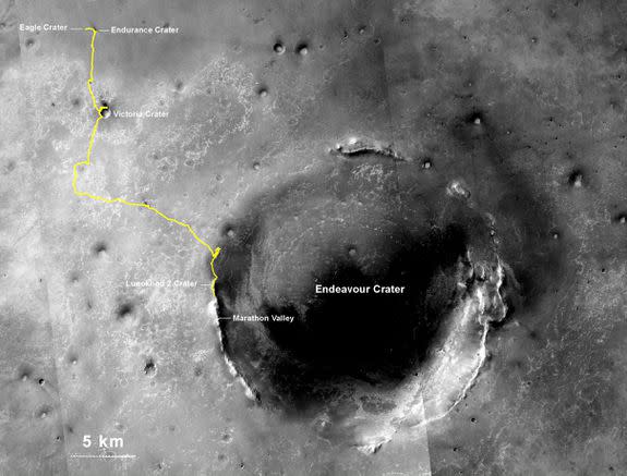 Opportunity's 25-mile path from Eagle Crater to Endeavor Crater.