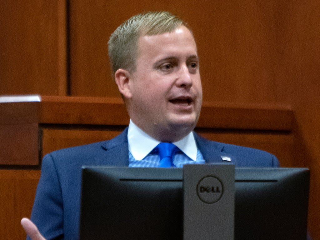 Former Idaho state Rep. Aaron von Ehlinger testifies on his own behalf during day three of his rape trial at the Ada County Courthouse, Thursday, April 28, 2022, in Boise, Idaho (AP)