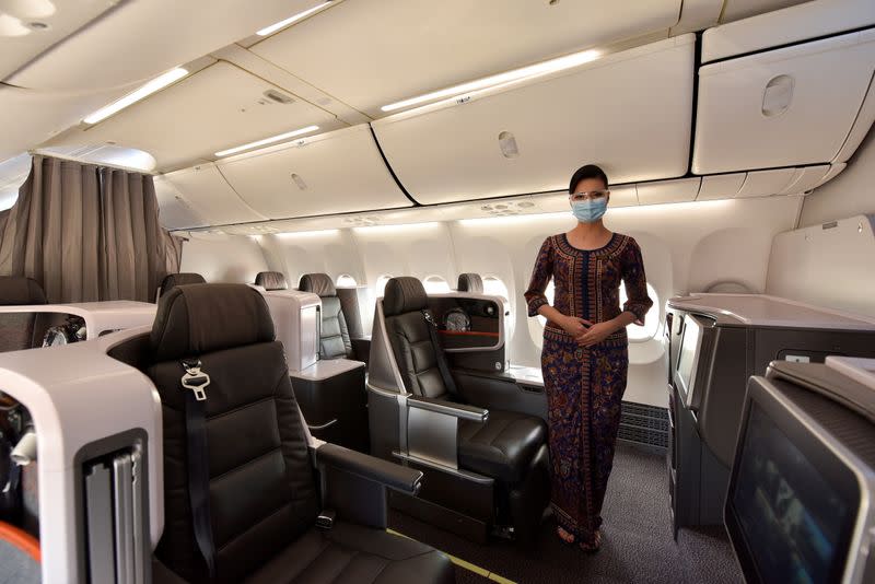 A view of the Business Class cabin during Singapore Airlines' media preview of their new Boeing 737-8 cabin products, at Changi Airport in Singapore