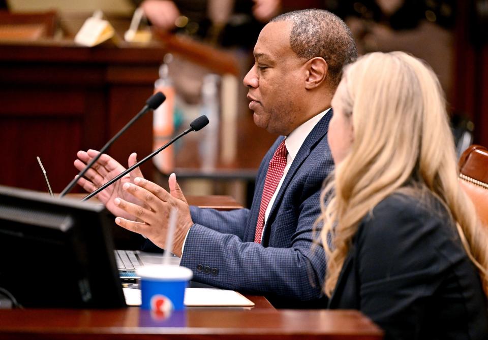 Former Utah GOP Chair and state Sen. James Evans gives opinions in favor of HB261 as he sits with bill sponsor Rep. Katy Hall, R-South Ogden, as Senate members of the Education Standing Committee hear comments on HB261 at the Capitol in Salt Lake City on Monday, Jan. 22, 2024. The bill received a favorable recommendation. | Scott G Winterton, Deseret News