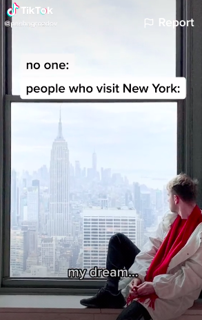 People who visit New York City: my dream... is caption over a picture of Pavel sitting on a window sill and looking out into the city wistfully