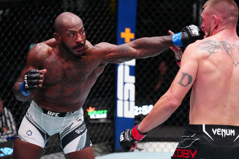 LAS VEGAS, NEVADA – OCTOBER 29: (L-R) Khalil Rountree Jr. punches Dustin Jacoby in a light heavyweight fight during the UFC Fight Night event at UFC APEX on October 29, 2022 in Las Vegas, Nevada. (Photo by Jeff Bottari/Zuffa LLC)