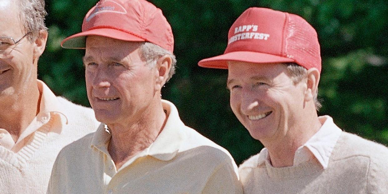 George Bush with family and brothers playing golf, from left are Prescott, William "Bucky", George and Jonathan in July, 1991.
