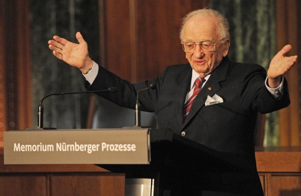 Benjamin Ferencz addresses a ceremony marking the launch of an exhibition in 2010 commemorating the Nuremberg trials - Armin Weigel/AP