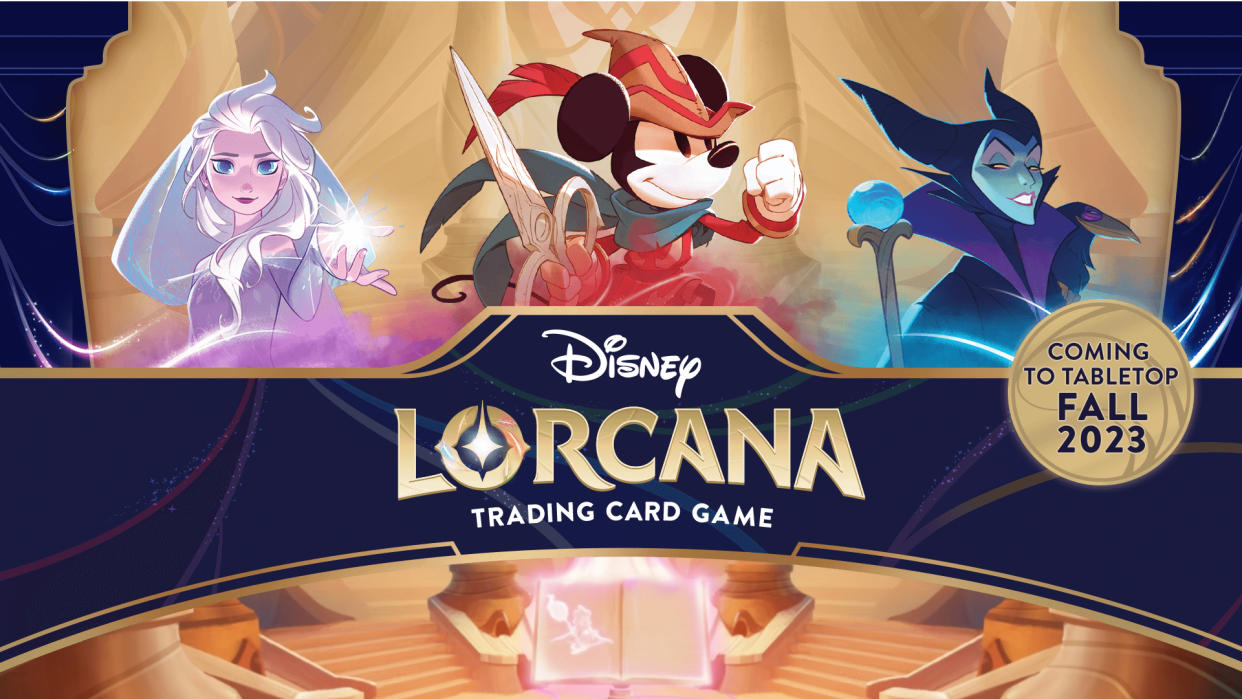  Disney Lorcana logo with Elsa, Mickey, and Maleficent in the background 