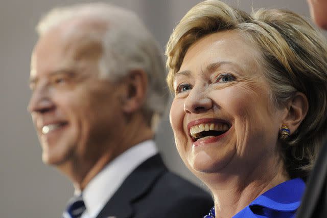Jeff Fusco / Getty Images Joe Biden and Hillary Clinton campaign in Scranton, Pennsylvania