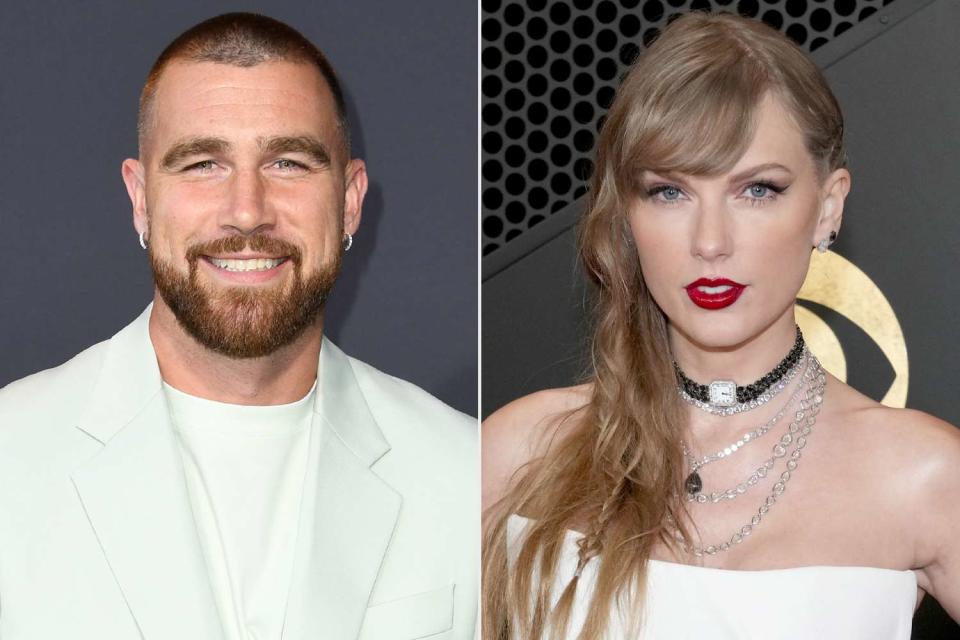 <p>JC Olivera/Getty; Jeff Kravitz/FilmMagic</p> Travis Kelce and Taylor Swift