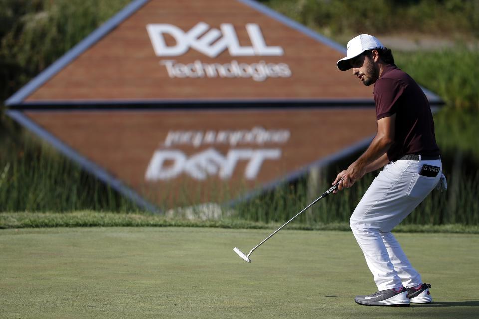 Abraham Ancer reacts after missing a putt on the 16th hole during the third round of the Dell Technologies Championship golf tournament at TPC Boston in Norton, Mass., Sunday, Sept. 2, 2018. (AP Photo/Michael Dwyer)